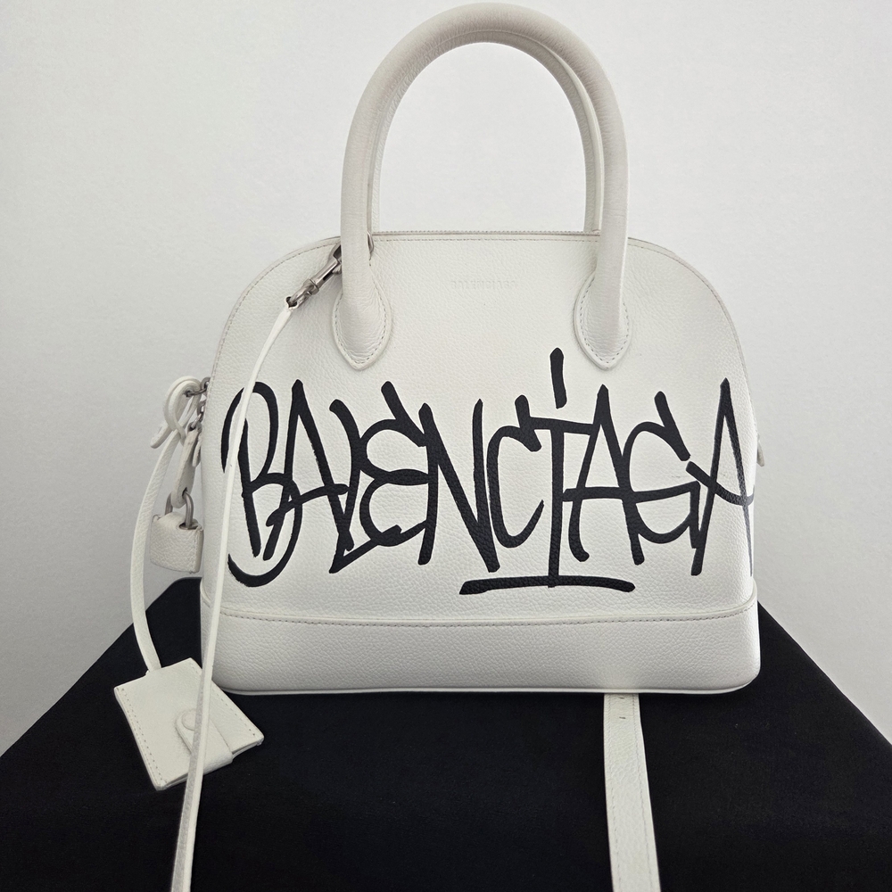 Balenciaga White Leather Dome Satchel with Black Graffiti Logo